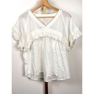 Sense of Place Boho Flowy White 100% Cotton Top w/ Fringes EUC (see measurement)